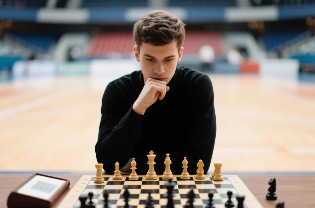 一个人在棋盘前沉思，强调策略