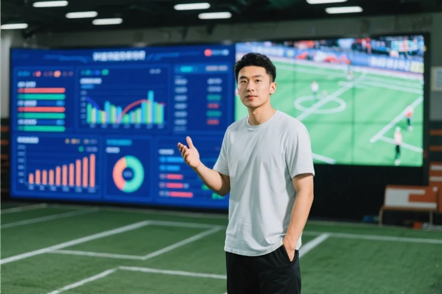 一位自信的中青年男子站在充满活力的运动社区讲解赛事分析，身后是大屏幕显示着比赛数据图表